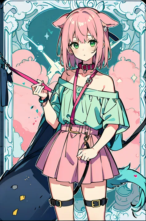 girl, pink hair, green eyes, pink dog ears, small, collar and leash around neck