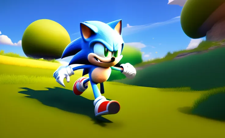 3D render of Sonic the Hedgehog running through Green Hill Zone in promo art style, with a blue sky and green grass.