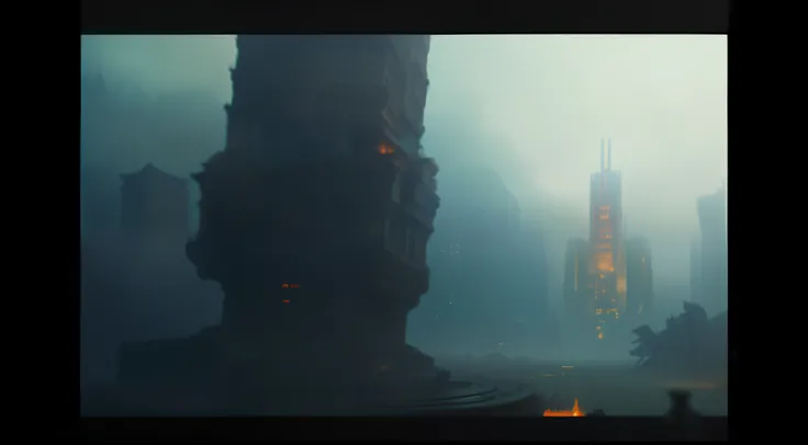 In the distance you can see a tall tower with a burning lantern, 2 0 2 1 Кинематографический 4 K FrameGrab, Ghost in the VFX pool, Cinematic sci-fi shot, Blade Runner with 4K resolution, Ruins of a giant statue of the head, Matte painting of the human mind...