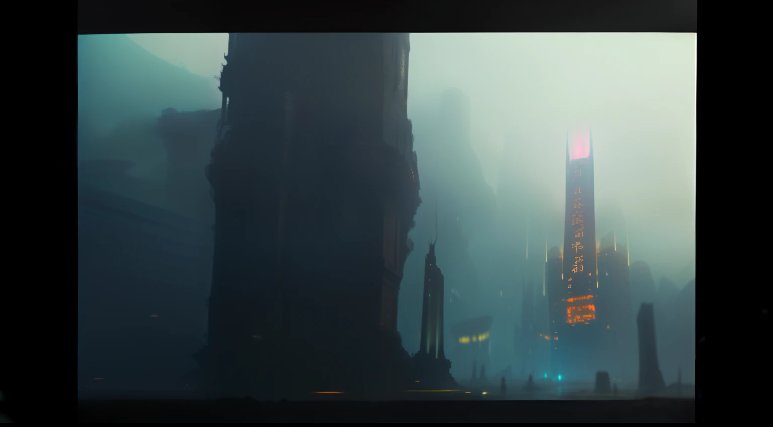 In the distance you can see a tall tower with a burning lantern, 2 0 2 1 Кинематографический 4 K FrameGrab, Ghost in the VFX pool, Cinematic sci-fi shot, Blade Runner with 4K resolution, Ruins of a giant statue of the head, Matte painting of the human mind...