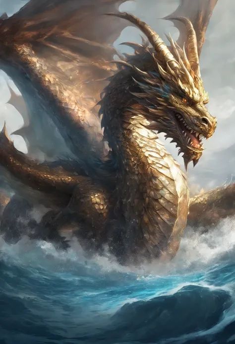 A dragon with a huge body and a leader-like presence emerges from the depths of the ocean, its heavy tortoiseshell shell glistening in the light. Its long tail gracefully sways through the blue swell sea. The dragon is rendered with exceptional detail usin...