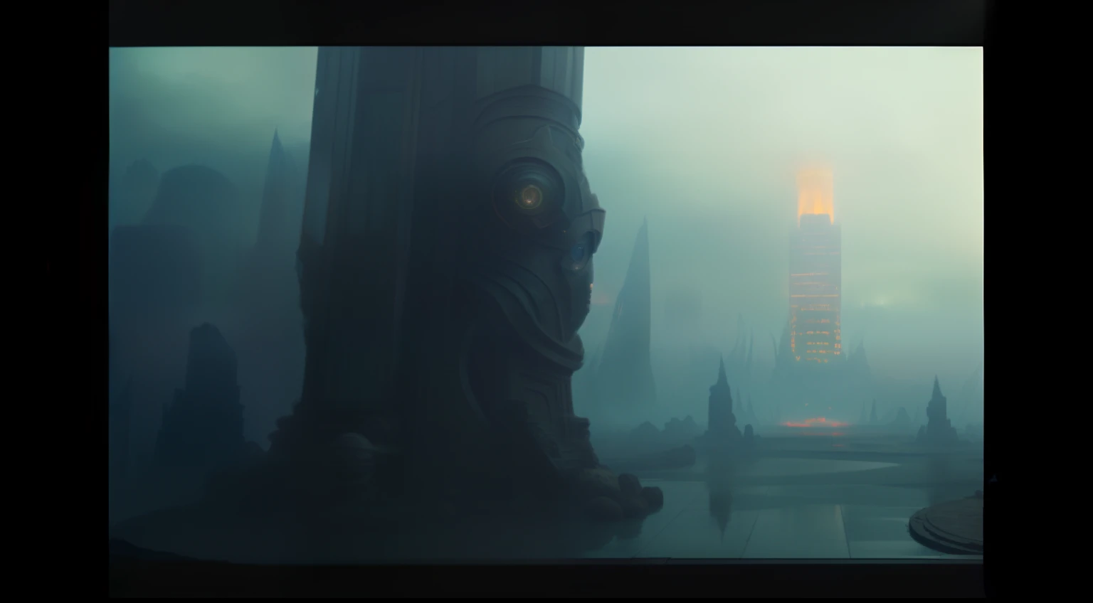 In the distance you can see a tall tower with a burning lantern, 2 0 2 1 Кинематографический 4 K FrameGrab, Ghost in the VFX pool, Cinematic sci-fi shot, Blade Runner with 4K resolution, Ruins of a giant statue of the head, Matte painting of the human mind...