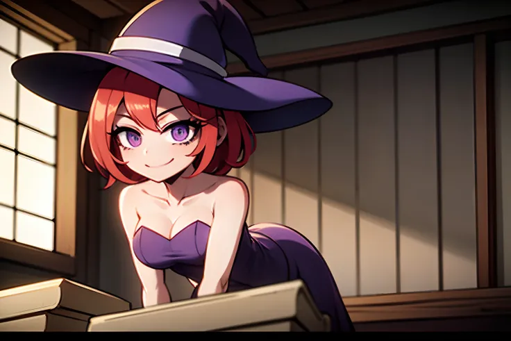 anime, girl format wallpaper, red hair, purple witch hat, purple royal dress, Purple eyes, purple dress, smiling, sensual face, sensual position, lascivious, on a medieval laboratory room, Medieval Laboratory, becker with bubbling  green liquid in the back...