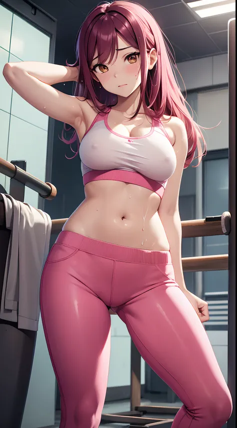 Sakurauchi riko, pink skinny sweet pants, tight gym bra, sweating,sweat drops ,  (cleavage:0.7),unstyled hair,wet hair,yellow eyes,thicc legs, standing, posing for picture, NSFW style, groin lines