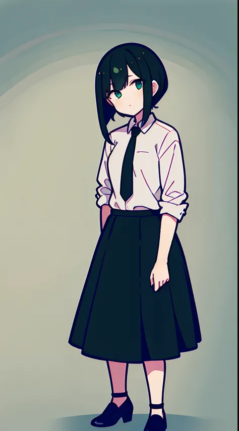 Short green-black haired girl in skirt and formal attire