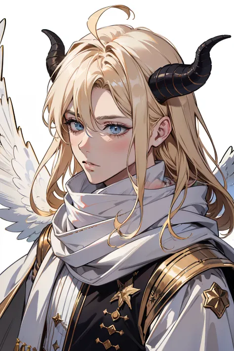 (absurdos, High resolution, ultradetallados), 1 hombre, Cherub boy, eyes goat, with goat ears and horns, Messy anime middle part hair, Blonde boy, emotionless face, White royal knight golden clothing, White winter scarf, Wings, Stars Aura.