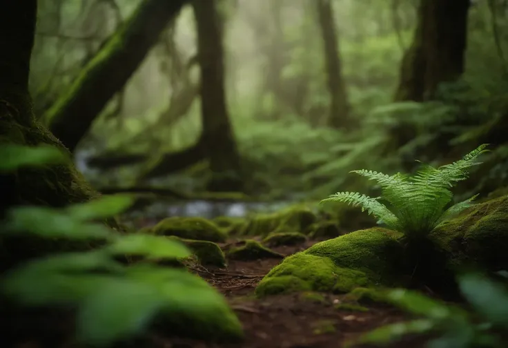 hidden magical academy nestled within a enchanted forest. The lush vegetation thrives, adorned with vibrant moss, ferns, and other mystical plants. The air is damp, filled with the scent of earth and the gentle touch of sunlight filtering through the dense...