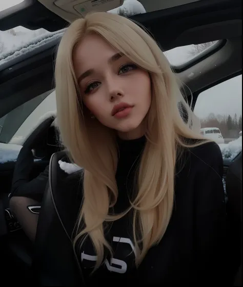 Blonde woman sitting in a car with snow on the ground, uma menina com cabelo loiro, longos cabelos loiros e olhos grandes, uma loira linda, menina loira bonita, ava max, mulher loira, blonde girl, Menina sexy com cabelo loiro longo, longos cabelos loiros e...