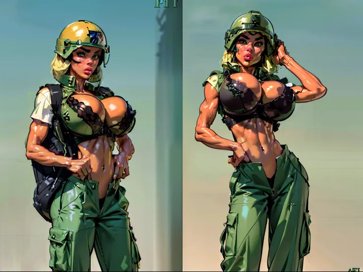 sexy ((soldier1.6))((green combat helmet helmet:1.5)) wearing ((khaki cargo pants:1.4))(perfect face), detailed face, (symmetrical eyes), perfect nose, ((open cargo vest:1.3)), wearing ((black bra on:1.4)) that barely covers the , (gigantic breasts:1.4) ((...