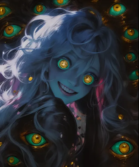 chica de anime con ojos brillantes rodeados de calaveras brillantes, sonrisa malvada y ojos brillantes, con ojos rojos brillante...