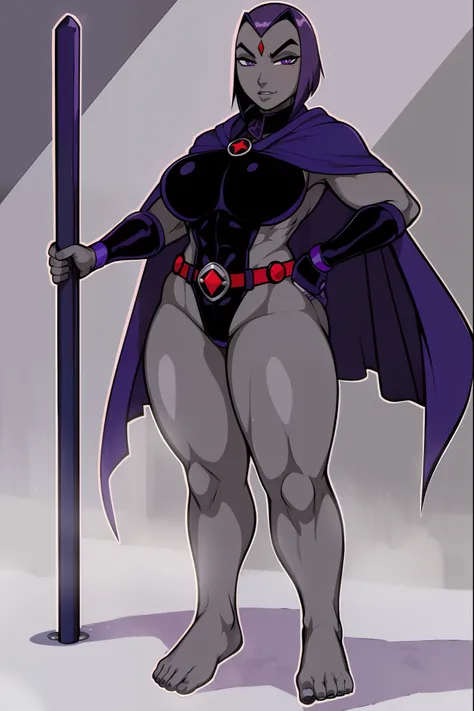 (holding pole:1.4),ShadRaven,lips,black leotard,belt,blue cloak,grey skin,blue cape,purple hair,red forehead jewel,belt,raven (dc),(standing ,1.2), RavenTT, short hair, purple eyes, red jewel in forehead, (grey skin:1.4), full body, feet,