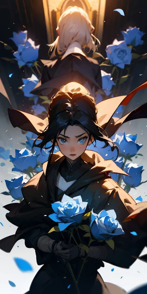 Black girl knight anime surrounded by blue roses