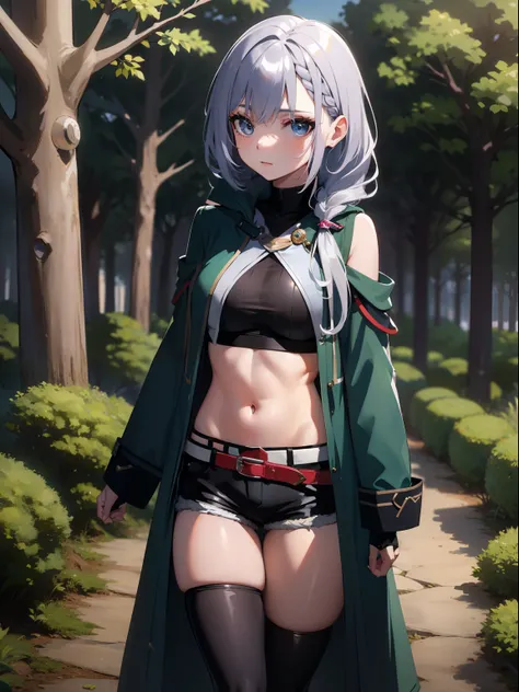 luna jacket, black shorts, thighhigh, silver hair, loose braid, beautiful face, forest background, (masterpiece:1.2), beautiful, medium breasts