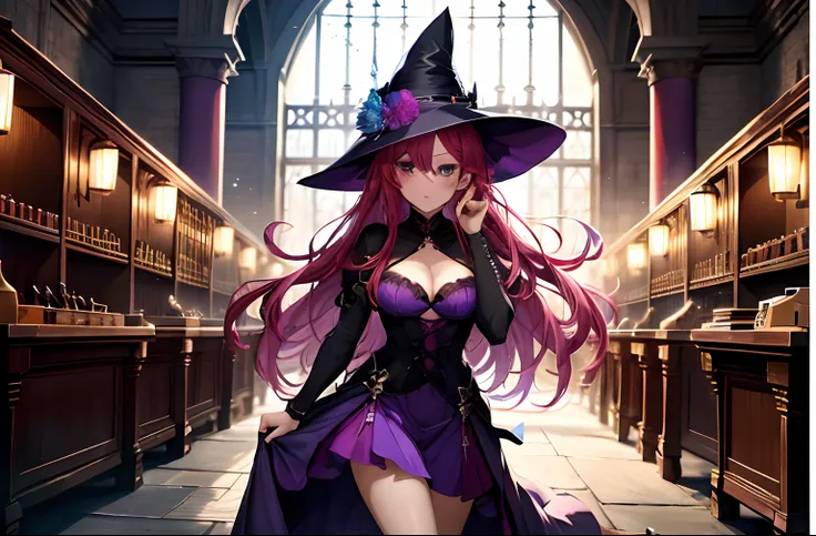 Anime - imagem de estilo de uma mulher em um traje de bruxa em uma biblioteca, magia de elenco de bruxa de anime de paquera, feiticeira bonita, feiticeira bonita, uma bela feiticeira, menina bruxa, bruxa escura da moda, Retrato de uma feiticeira, personage...