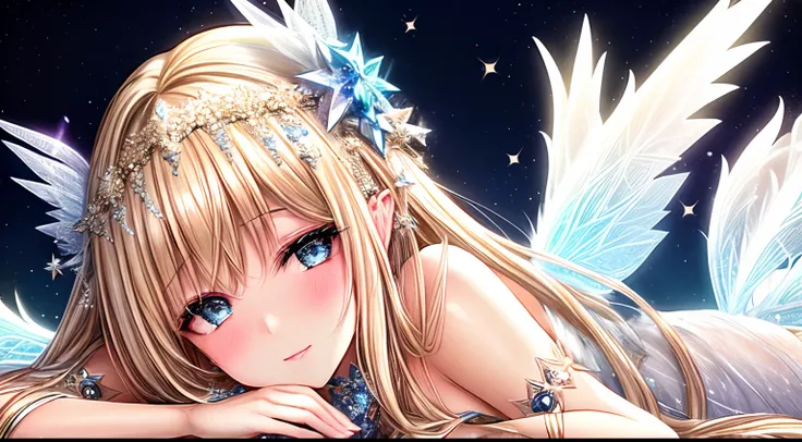 Blonde woman with white wings and sequins on her face, Girl covered in crystals and glitter, Beautiful caucasian angel girl, fairy look, Intricate patterned makeup