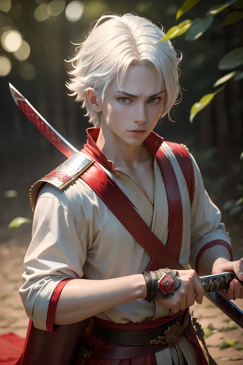 (best quality,4k,8k,highres,masterpiece:1.2),ultra-detailed,(realistic,photorealistic,photo-realistic:1.37),Red Sword,young boy with white hair,Green eyes,holding red katana,anime,sharp focus,vivid colors,bokeh,light illuminating the sword