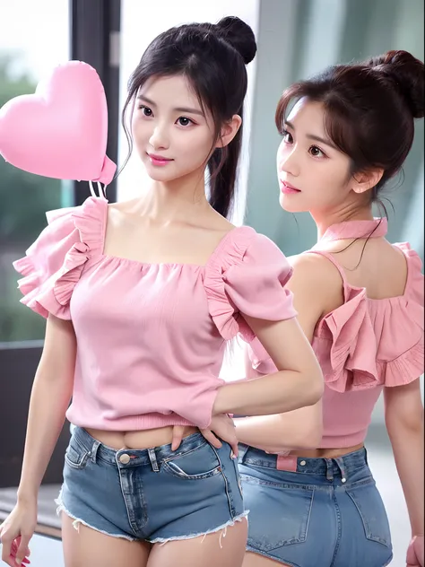 Asian Korean, button nose, heart shaped lips, , big doe eyes, Sharp unique facial features, shaped jawline, long black hair, highly detailed, ultra realistic, one girl, with a sparkle pink, short jean ruffle bottom skirt, pink heels, two black Ponytail, fu...