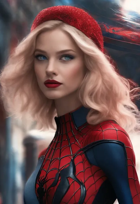 marvel conic panel, teenage girl, fair pale skin, grey blue eyes, black and pink shoulder length hair, long lashes, black and red spiderman suit, eyeliner, red lips