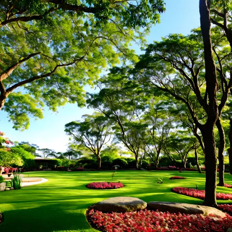 cena ao ar livre: An image of a beautiful garden or a park with an open area for yoga. A menina esta conectada com a natureza ao seu redor.