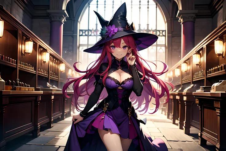 anime, girl format wallpaper, red hair, purple witch hat, purple dress, Purple eyes, purple dress, smiling, sensual face, sensual position, lascivious, on a medieval laboratory room, Medieval Laboratory, bottle with bubbling  green liquid in the background...