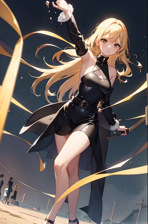 1girl, blond hair almost to the ground, one-piece black leather outfit with a translucent neckline and 4 straps along the front attached to a belt around the nec, short black loose dress, bare shoulders, black stockings ending before the end of the dress, ...