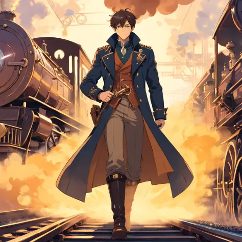 Steampunk Wanderer: Illustrate the man as a steampunk traveller, wearing black military coat. mechanized landscape with steam-powered. steam powered train