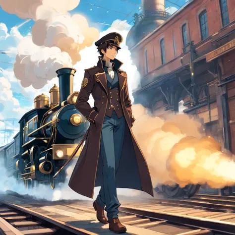 Steampunk Wanderer: Illustrate the man as a steampunk traveller, wearing black military coat. mechanized landscape with steam-powered. steam powered train