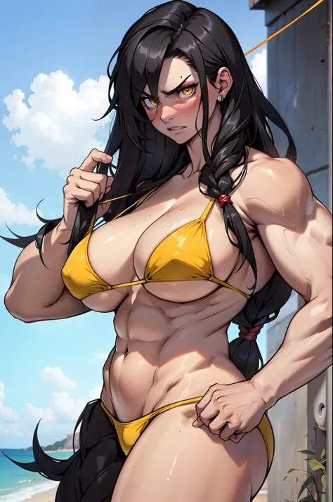 girl huge breasts bodybuilder muscular toned body pale skin black hair very long hair yellow eyes angry blushing embarrassed (string bikini)