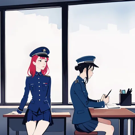 (masterpiece:1.2, best quality), 2girls, young teen, slim, white military outfit, pleated skirt, military hat, space cadet, sitting by desk in classroom, writing, serious, tired, bored, futuristic, anime minimalist, watercolor