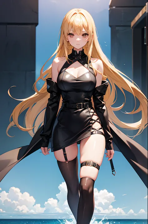 1girl, blond hair almost to the ground, one-piece black leather outfit with a translucent neckline and 4 straps along the front attached to a belt around the nec, short black loose dress, bare shoulders, black stockings ending before the end of the dress, ...