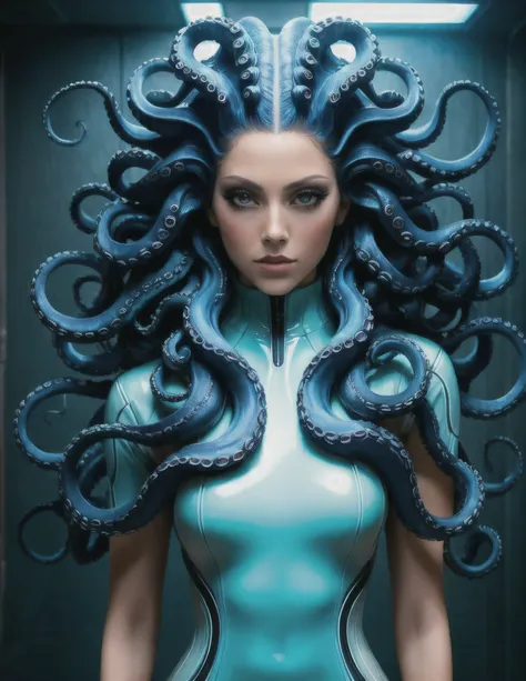 hdr photo of (ultrarealistic:1.3) a woman with long octopus strands, cyberpunk medusa, portrait of a sci - fi woman, portrait of...