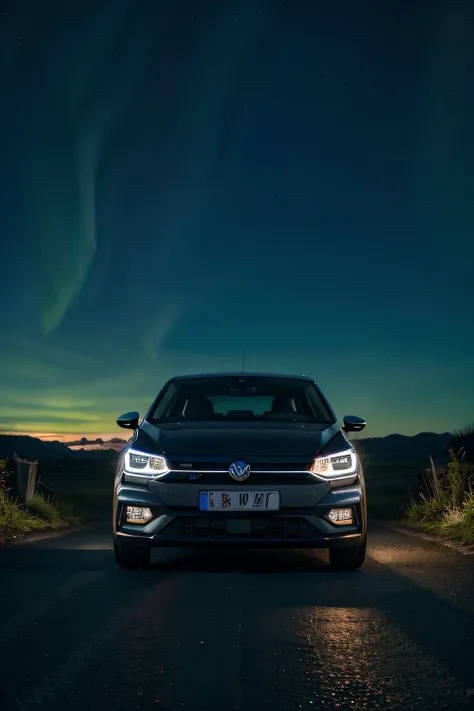 Volkswagen Polo 2023 on a night road with starry sky, aurora boreal, cores e realismo