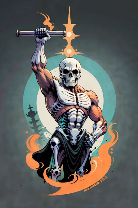 the skeleton is lifting a barbell above his chest, while holding it in one hand, design artwork, flat design of a retro vintage, colorful tones, highly detailed clean, vector image