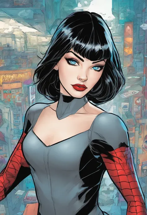 marvel conic panel, teenage girl, fair pale skin, grey blue eyes, black shoulder length hair, long lashes, black and red spiderman suit, eyeliner, red lips