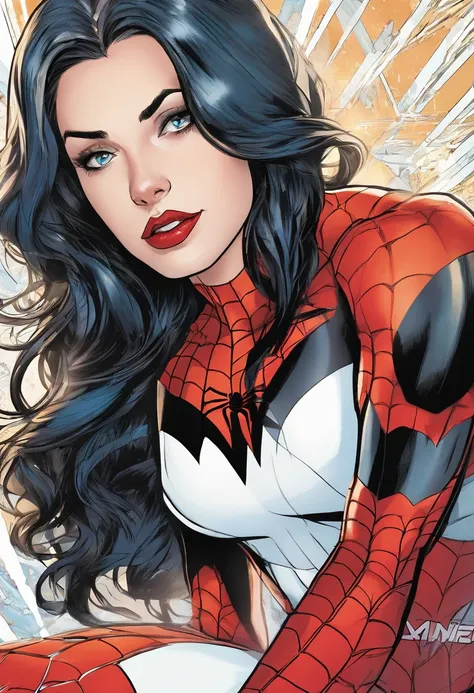 marvel conic panel, teenage girl, fair pale skin, grey blue eyes, black shoulder length hair, long lashes, black and red spiderman suit, eyeliner, red lips