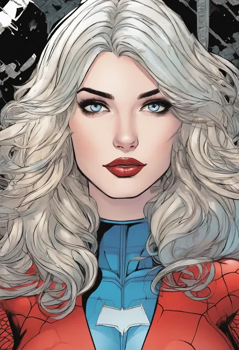 marvel conic panel, teenage girl, fair pale skin, grey blue eyes, black shoulder length hair, long lashes, black and red spiderman suit, eyeliner, red lips