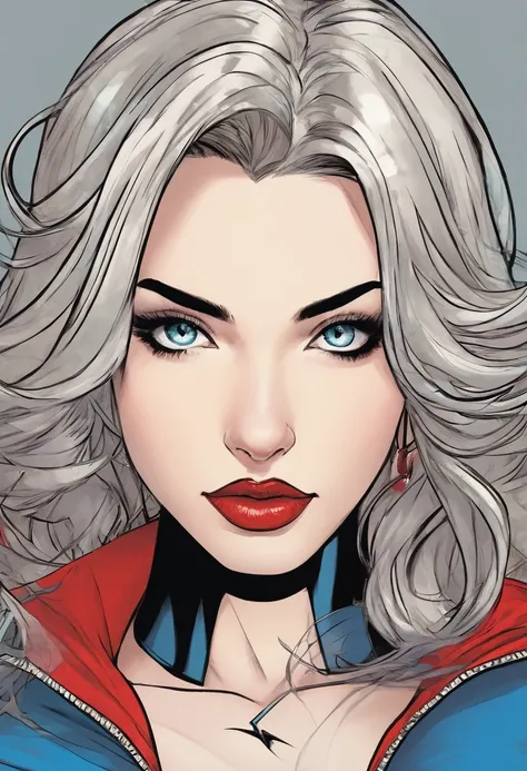 marvel conic panel, teenage girl, fair pale skin, grey blue eyes, black shoulder length hair, long lashes, black and red spiderman suit, eyeliner, red lips