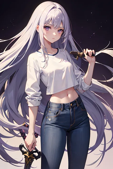 Girl 170 cm, thin waist, purple eyes, long silver hair, medium hips, small breasts, jeans, white T-shirt, wields a sword.