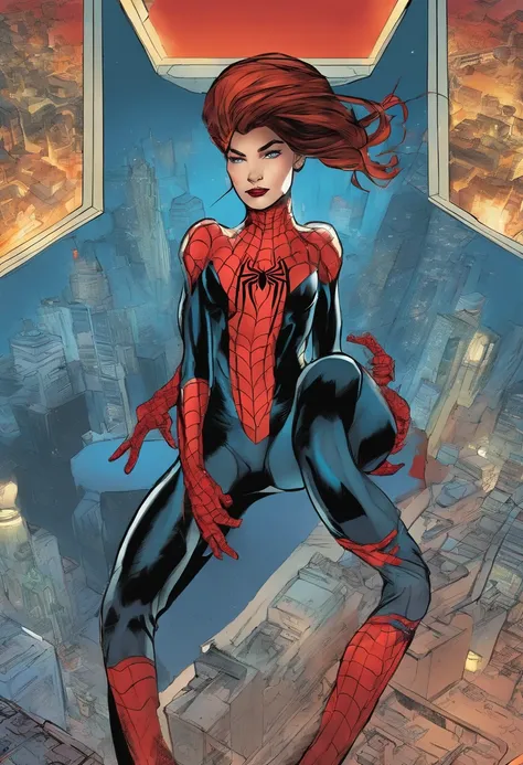 marvel conic panel, teenage girl, fair pale skin, grey blue eyes, black shoulder length hair, long lashes, black and red spiderman suit, eyeliner, red lips