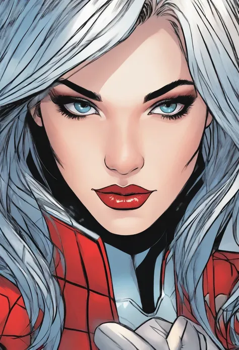 marvel conic panel, teenage girl, fair pale skin, grey blue eyes, black shoulder length hair, long lashes, black and red spiderman suit, eyeliner, red lips