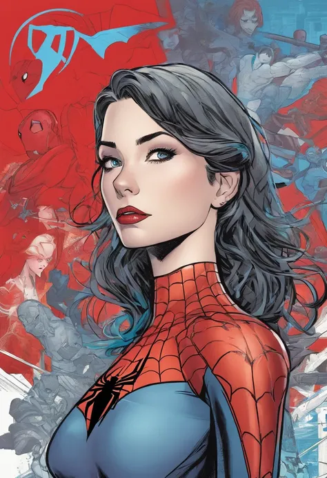 marvel conic panel, teenage girl, fair pale skin, grey blue eyes, black shoulder length hair, long lashes, black and red spiderman suit, eyeliner, red lips