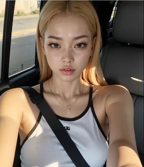 arafed woman sitting in a car with a cell phone in her hand, jennie blackpink, Parque Roseanne do Blackpink, jossi do blackpink, she is wearing a black tank top, Heonhwa Choe, usando uma camiseta regata de corte baixo, TaeJune Kim, Dom Yunjoo, linda mulher...