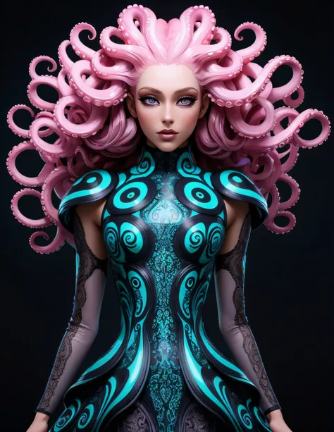 Advertising poster style (Ultrarealistic:1.3) a woman with a glowing dress and octopus tentacles, beautiful octopus woman, portrait of an octopus goddess, octopus goddess, cyberpunk medusa, psychedelic goddess, vivid tentacles, avant garde fashion model, w...