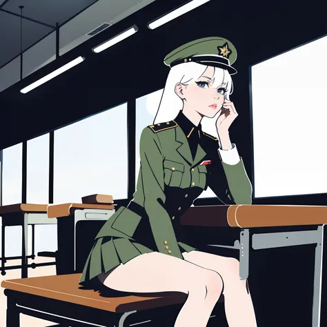 (masterpiece:1.2, best quality), girls, young teen, slim, (white military outfit), pleated skirt, military hat, space cadet, sitting by desk in classroom, writing, serious, tired, bored, futuristic, cosmos, anime minimalist, watercolor