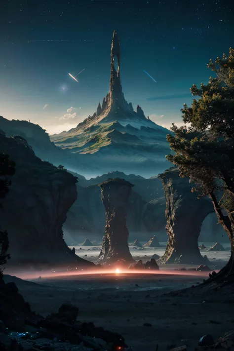 A futuristic landscape on a wild and magnificent alien planet. the galaxy is visible and very detailed. Vegetation is present and forms of life are here too