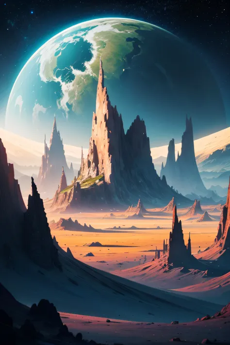 A futuristic landscape on a wild and magnificent alien planet. the galaxy is visible and very detailed. Vegetation is present and forms of life are here too