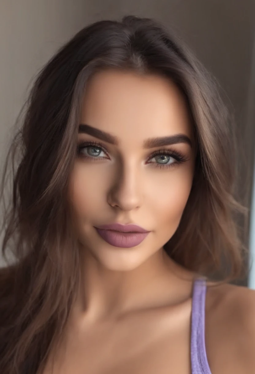 Arafed woman with matching tank top and panties, fille sexy aux yeux bruns, Portrait Sophie Mudd, cheveux bruns et grands yeux, selfie of a young woman, Yeux de chambre, Violet Myers, sans maquillage, maquillage naturel, looking straight at camera, Visage ...