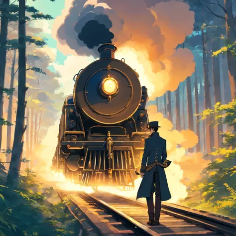 Steampunk Wanderer: Illustrate the man as a steampunk traveller, wearing black military coat. mechanized landscape with steam-powered. steam powered train, forest