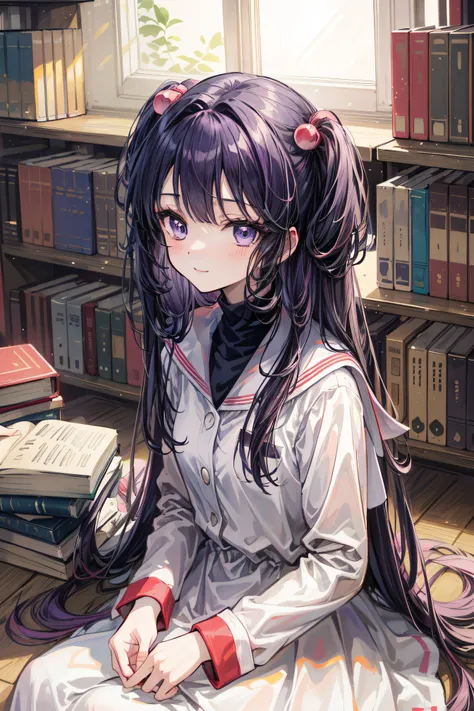 anime art, (masterpiece, best quality, perfect face, highest detailed face, colorful), 1girl. (((Kotomi))), face focus, (((white dress:1.3))), purple hair, purple eyes, slight smile, beautiful eyes, looking at viewer, library at background, sunlight passin...