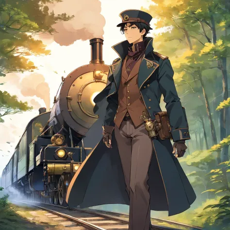 Steampunk Wanderer: Illustrate the man as a steampunk traveller, wearing black military coat. mechanized landscape with steam-powered. steam powered train, armoured train, apocalypse train, forest